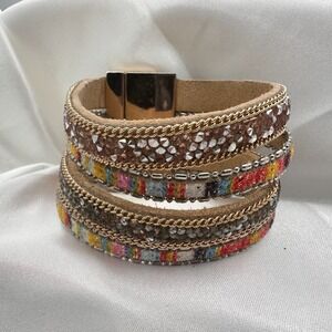 Vintage 90s Multi-Strand Wrap Bracelet Glass Fabric Multi-Color Statement